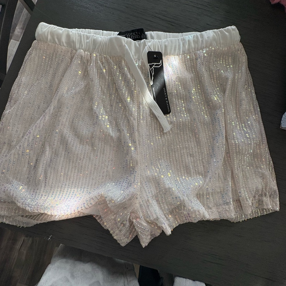 Lucky & Blessed White Sequin Dress Shorts